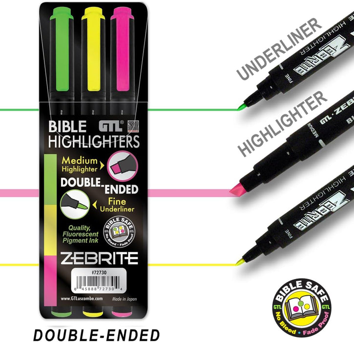 Zebrite Double Ended Bible Highlighter Set | No Bleed Pigmented Ink | No Fading or Smearing | Double Ended for Highlighting & Underlining | Green, Yellow, Pink (Set of 3)