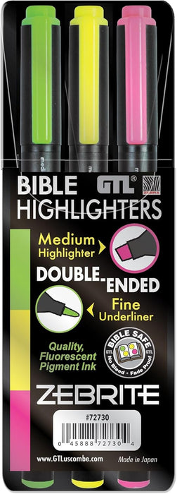 Zebrite Double Ended Bible Highlighter Set | No Bleed Pigmented Ink | No Fading or Smearing | Double Ended for Highlighting & Underlining | Green, Yellow, Pink (Set of 3)