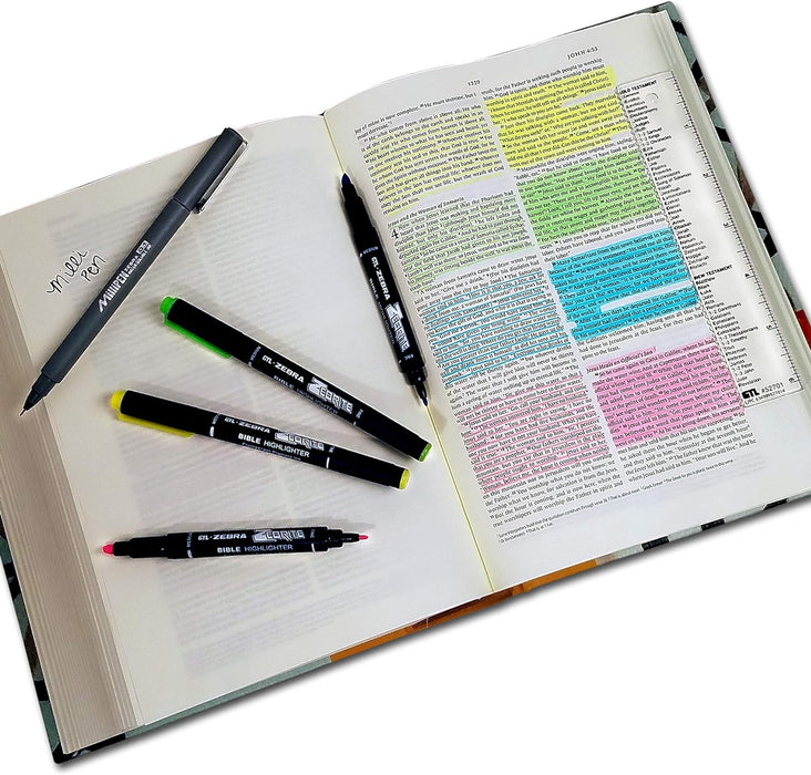Zebrite Double Ended Bible Highlighter Set | No Bleed Pigmented Ink | No Fading or Smearing | Double Ended for Highlighting & Underlining | Green, Yellow, Pink (Set of 3)
