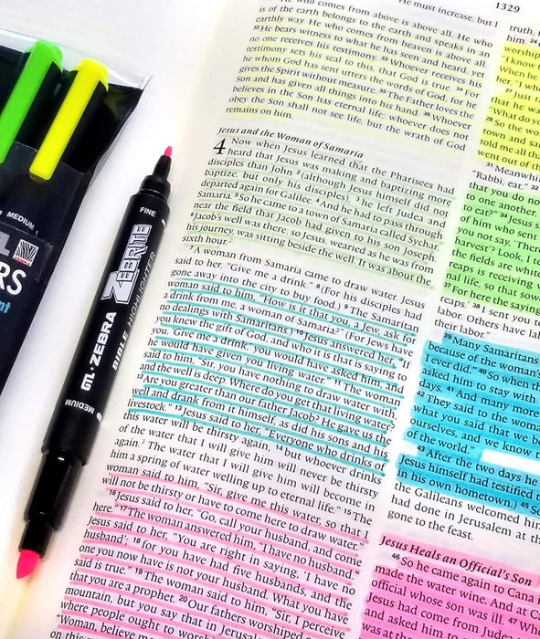 Zebrite Double Ended Bible Highlighter Set | No Bleed Pigmented Ink | No Fading or Smearing | Double Ended for Highlighting & Underlining | Green, Yellow, Pink (Set of 3)