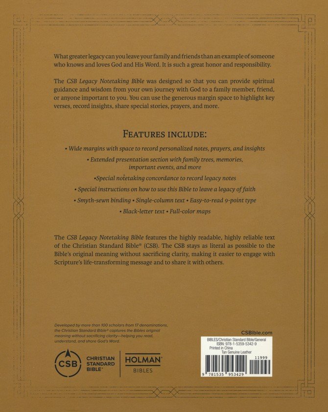 CSB Legacy Notetaking Bible, Tan Genuine Leather with Strap