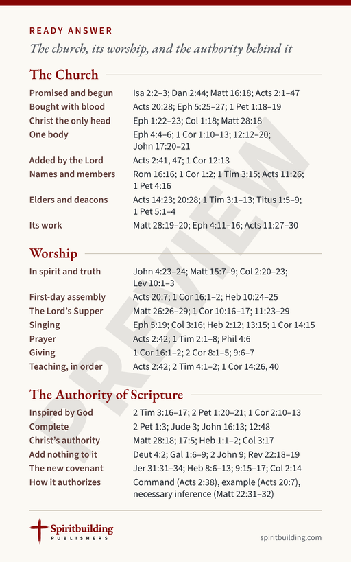 Ready Answer Card 1, back: the church, worship, and the authority of Scripture