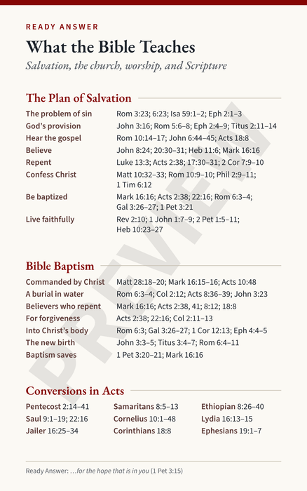 Ready Answer Card 1, front: the plan of salvation, Bible baptism, and conversions in Acts