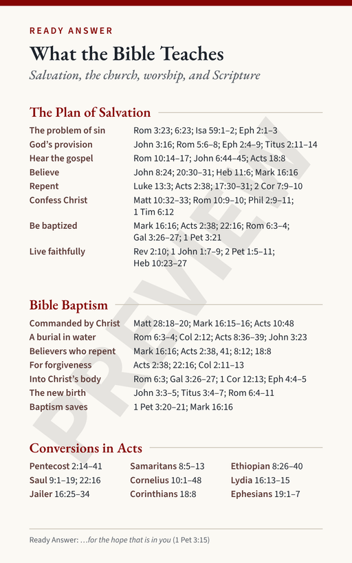 Ready Answer Card 1, front: the plan of salvation, Bible baptism, and conversions in Acts