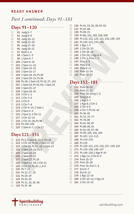 Ready Answer Card 13, back: undated chronological Bible readings for Days 91 through 181