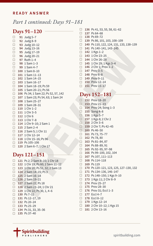 Ready Answer Card 13, back: undated chronological Bible readings for Days 91 through 181