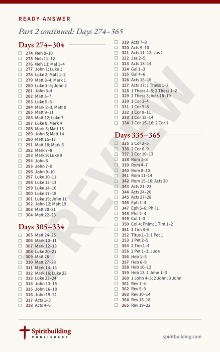 Ready Answer Card 14, back: undated chronological Bible readings for Days 274 through 365