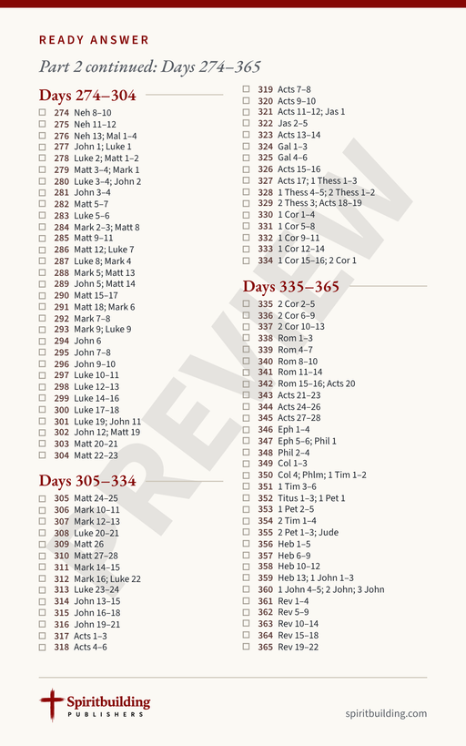 Ready Answer Card 14, back: undated chronological Bible readings for Days 274 through 365
