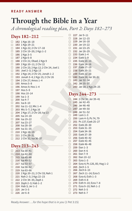 Ready Answer Card 14, front: undated chronological Bible readings for Days 182 through 273