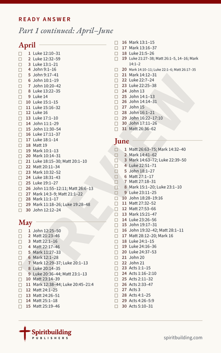 Ready Answer Card 15, back: daily New Testament readings for April, May, and June 2027