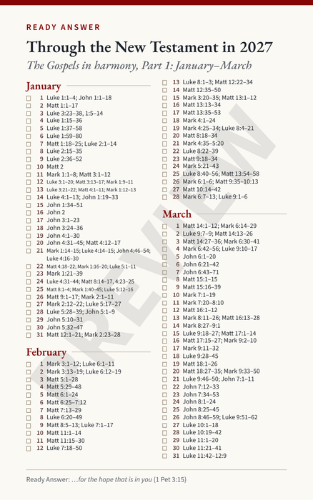Ready Answer Card 15, front: daily New Testament readings with the Gospels in harmony for January, February, and March 2027