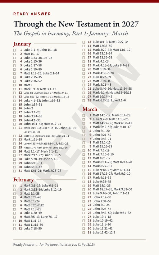 Ready Answer Card 15, front: daily New Testament readings with the Gospels in harmony for January, February, and March 2027