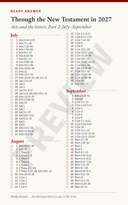 Ready Answer Card 16, front: daily readings in Acts and the letters for July, August, and September 2027