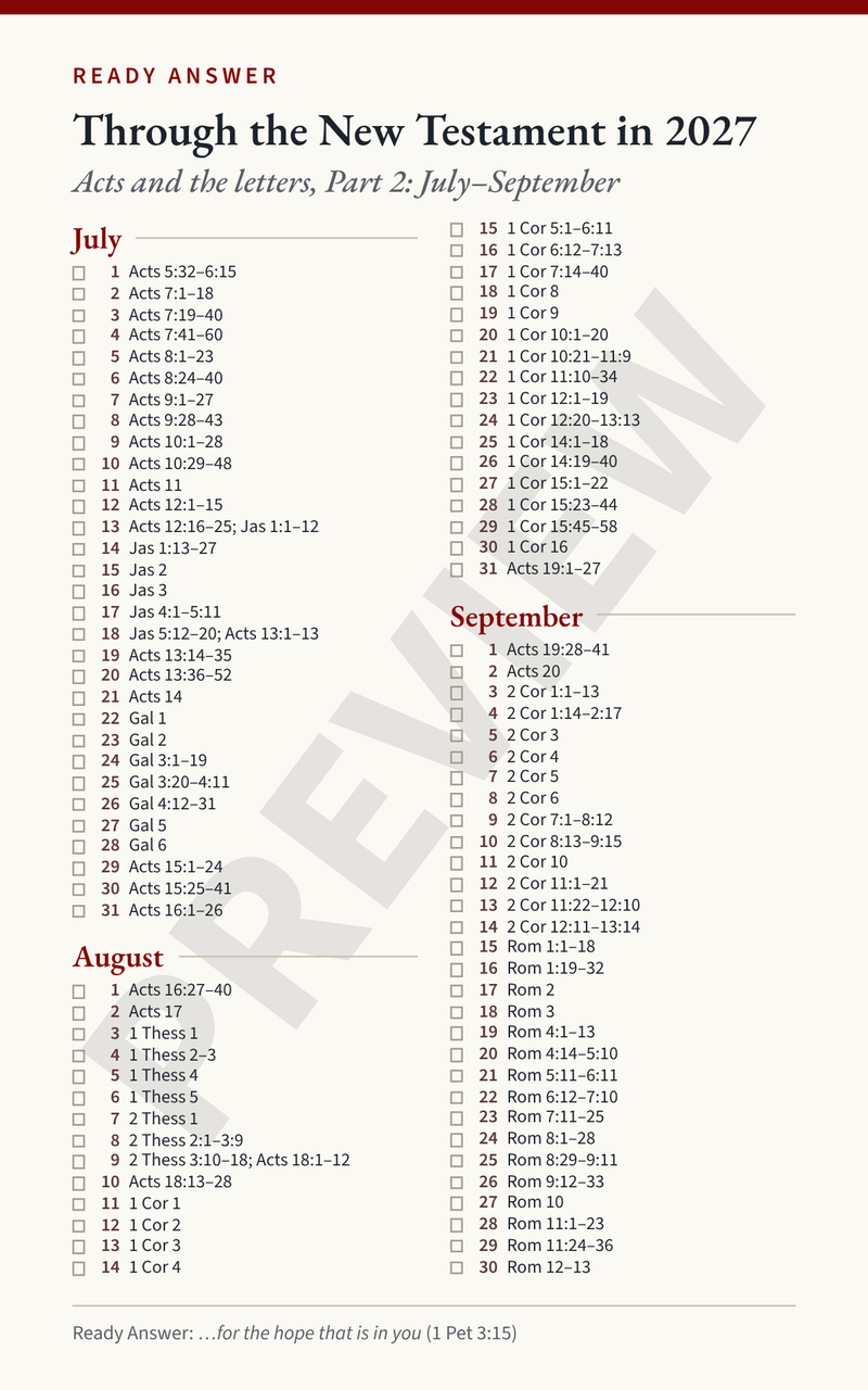 Ready Answer Card 16, front: daily readings in Acts and the letters for July, August, and September 2027