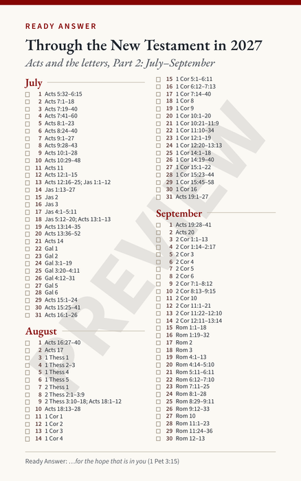Ready Answer Card 16, front: daily readings in Acts and the letters for July, August, and September 2027