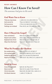Ready Answer Card 31, front: God wants you to know, have I obeyed the gospel, what He promises the obedient, and saved by grace
