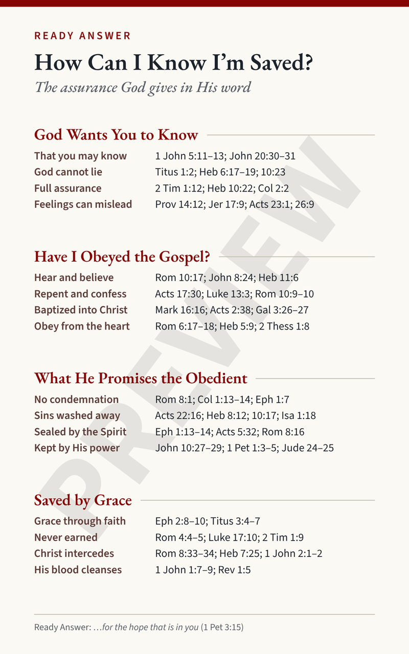 Ready Answer Card 31, front: God wants you to know, have I obeyed the gospel, what He promises the obedient, and saved by grace