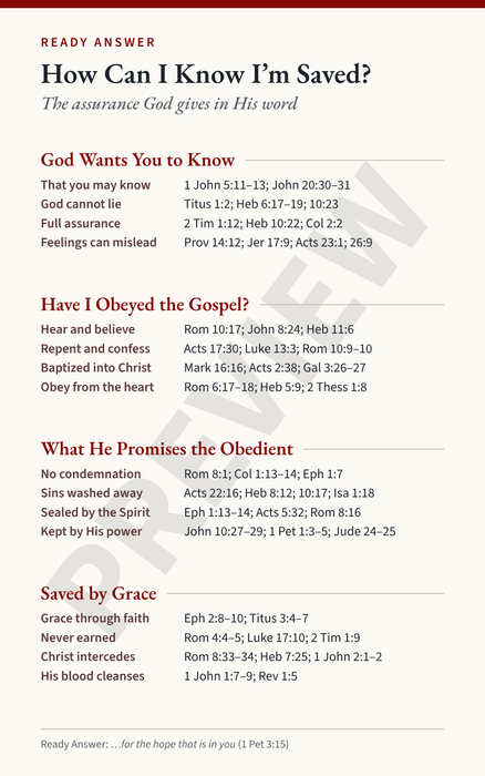 Ready Answer Card 31, front: God wants you to know, have I obeyed the gospel, what He promises the obedient, and saved by grace