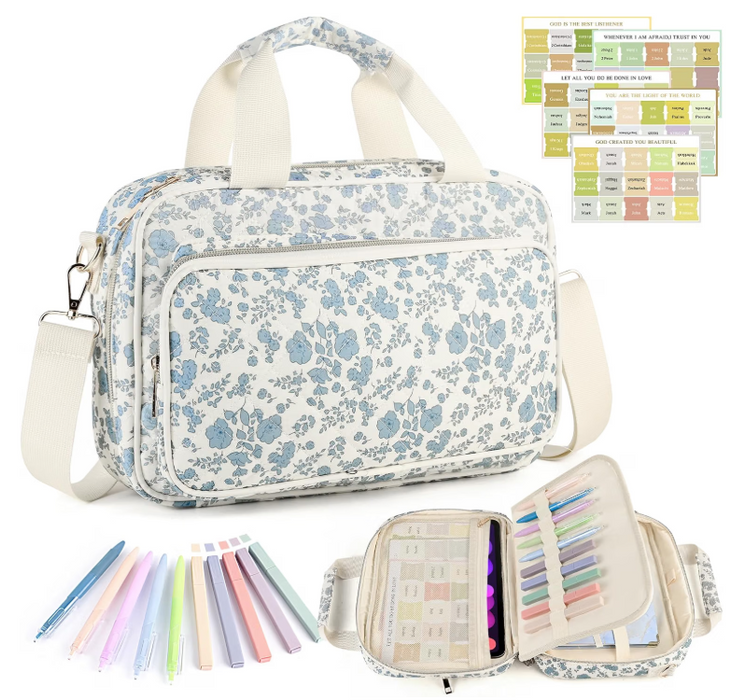 Blue Floral Bible Case with Highlighters and Strap
