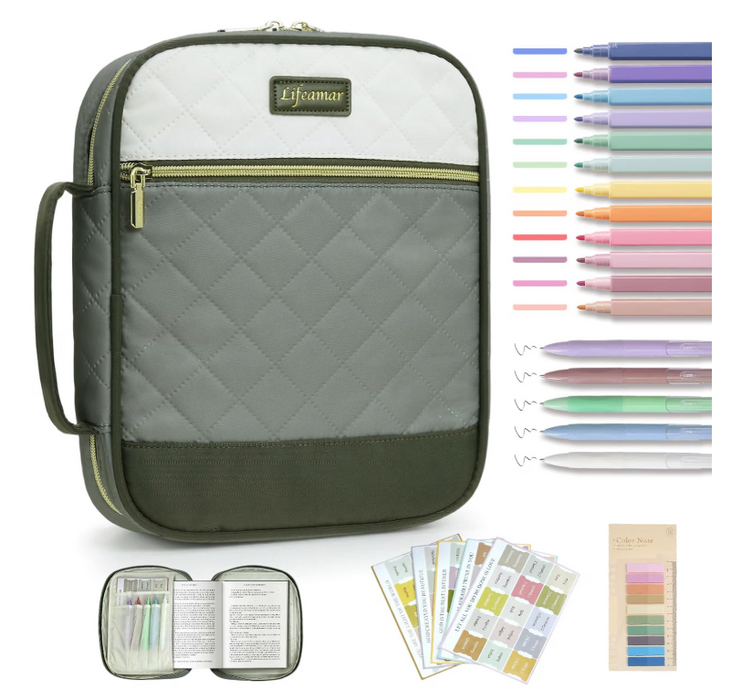 Olive Green and Beige Bible Cover with Highlighters